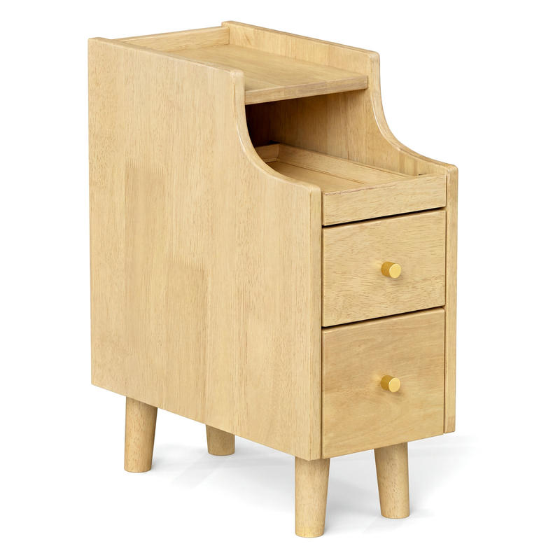 Solid Wood Nightstand 2 Drawers - Solid Wood Night Side Table Narrow