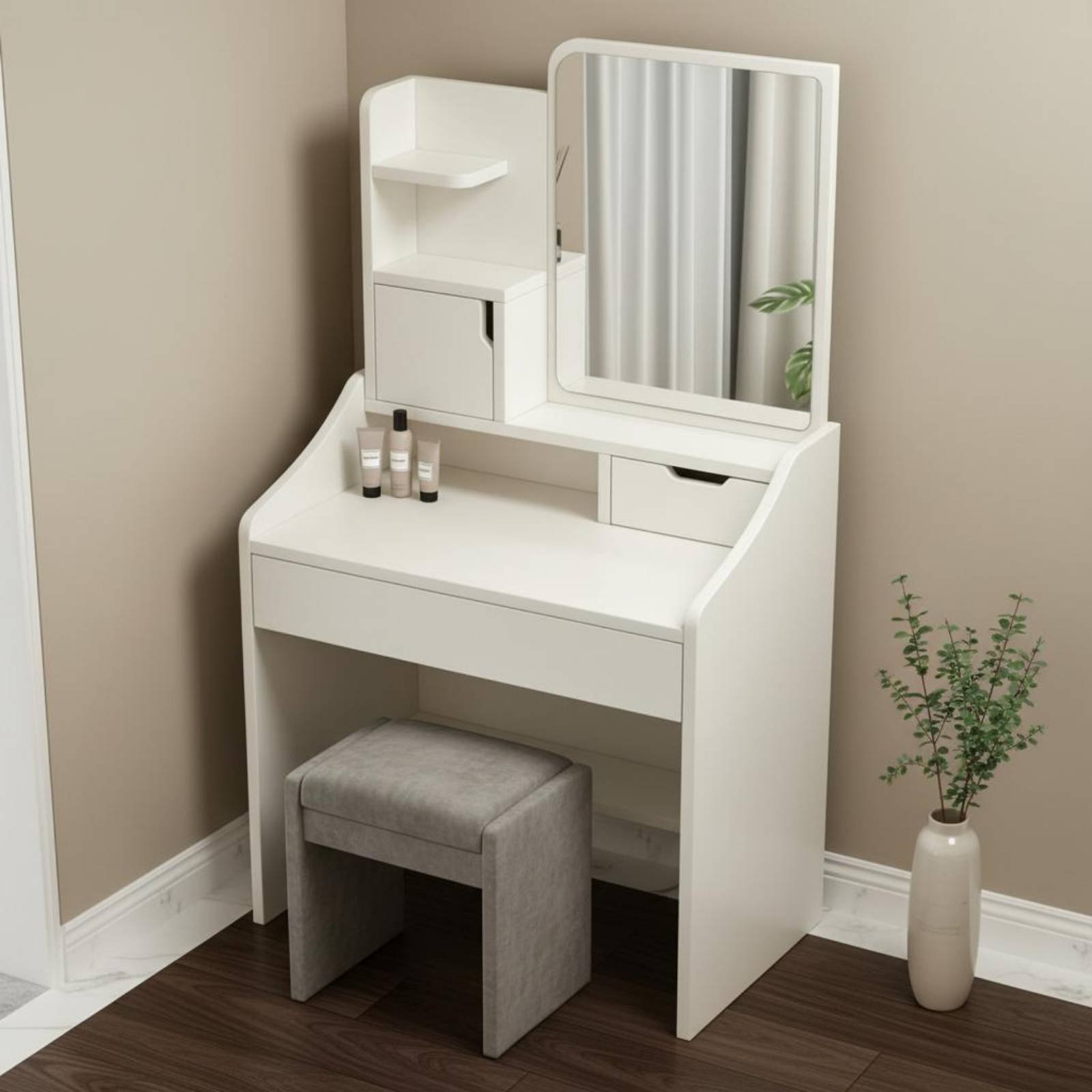 Dressing Table Vanity With Lighted Mirror - Makeup Vanity with Storage Modern Minimalist