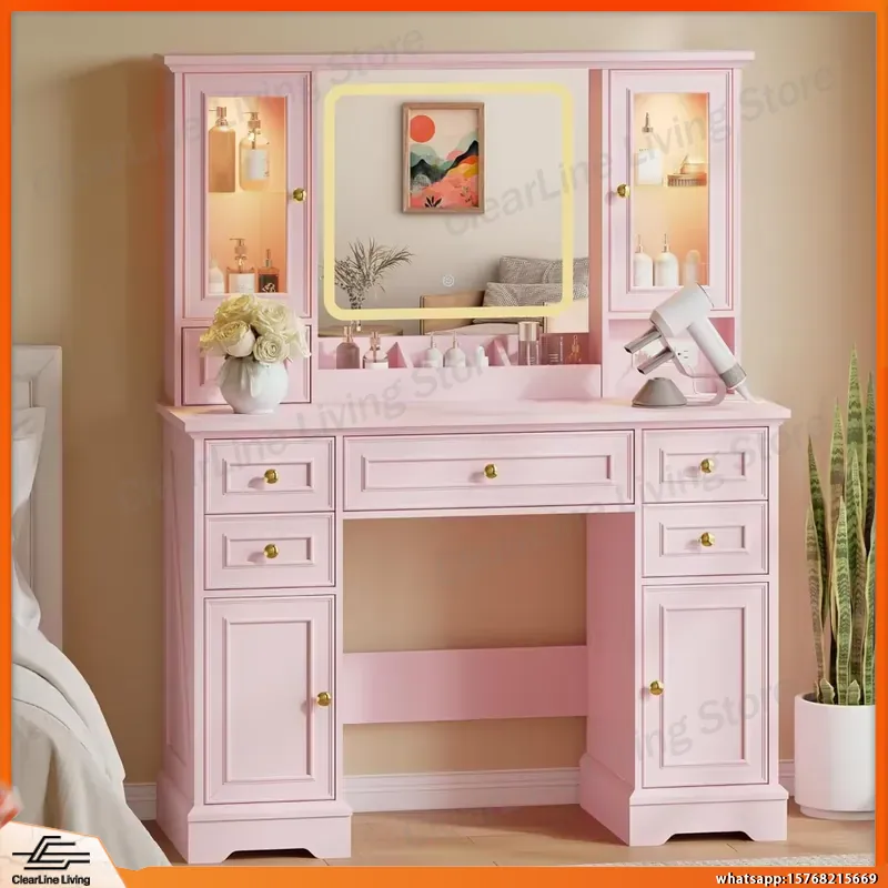 Dressing Table Vanity With Lighted Mirror - Farmhouse Makeup Vanity with LED Mirror