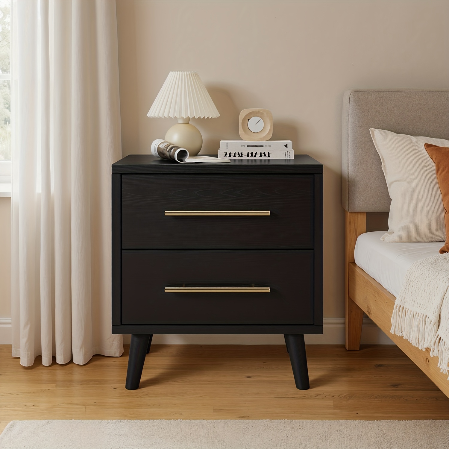 Solid Wood Nightstand 2 Drawers - Nightstand, Bedside Table with Metal Handles,