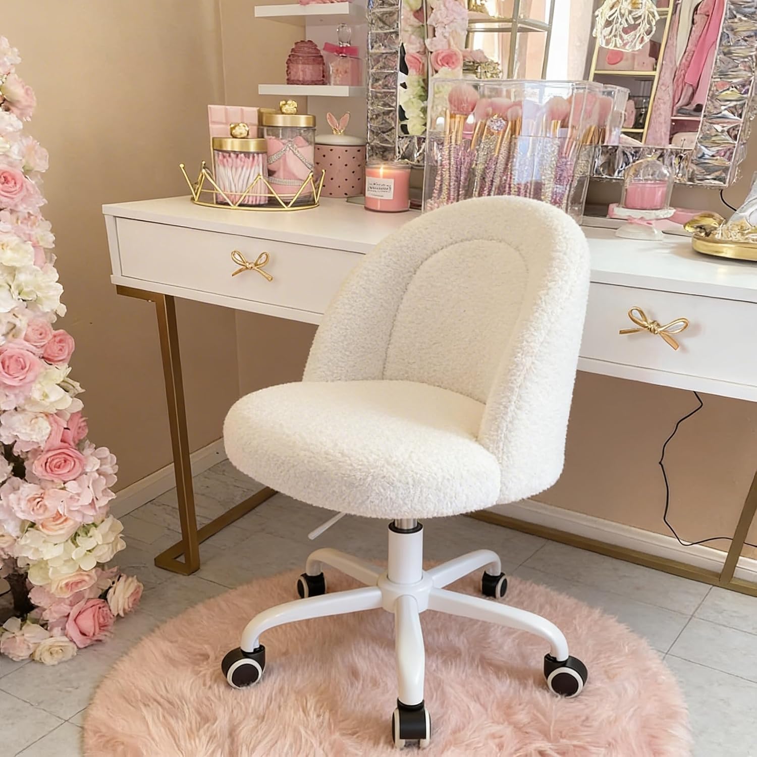 Bedroom Furniture - DurayLoly White Vanity Chair with Wheels,