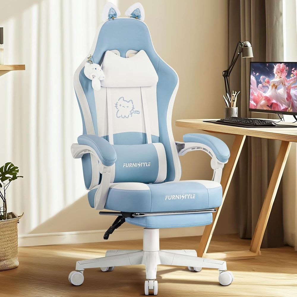 Chairs - Ergonomic Blue/White Gaming Chair with Lumbar