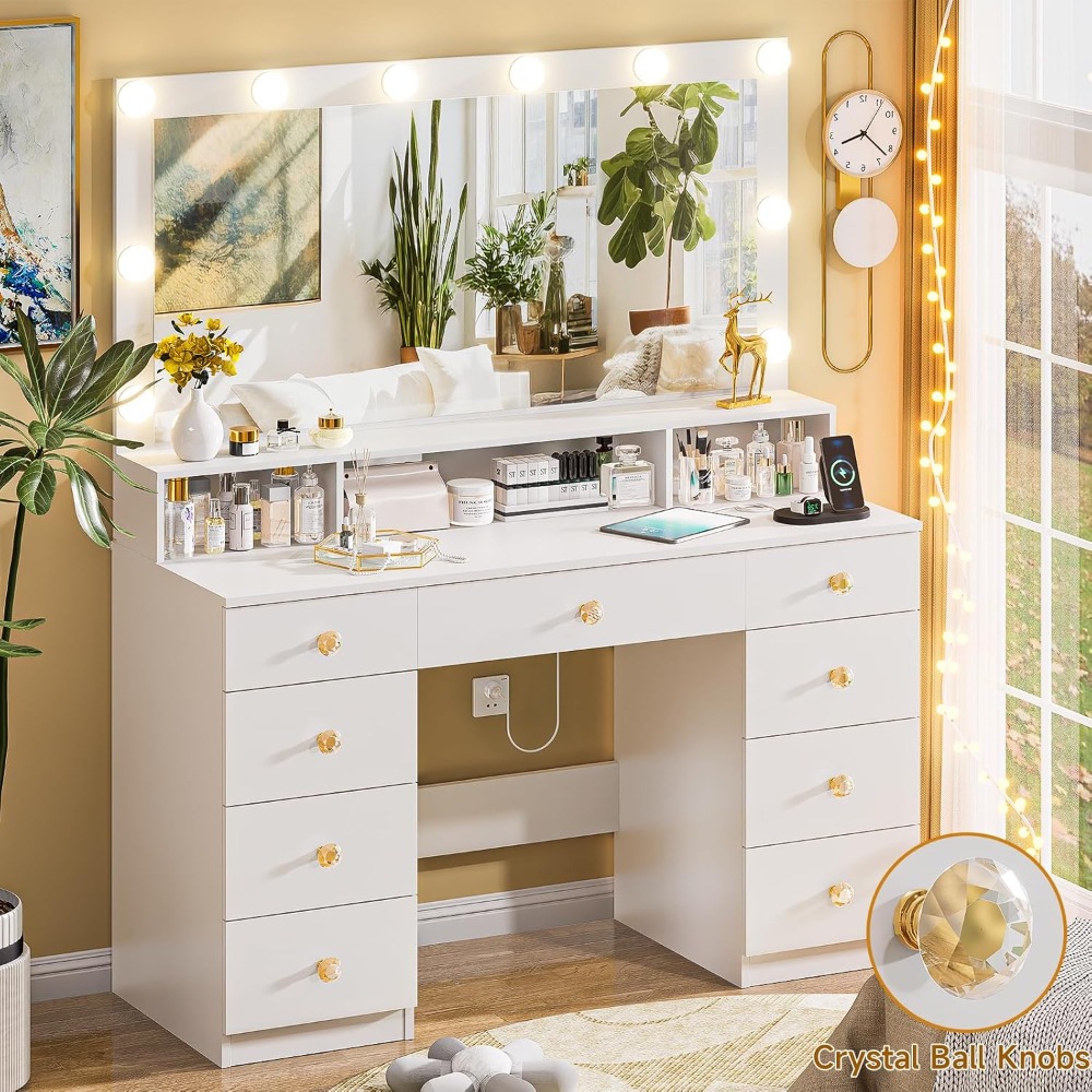 Dressing Table Vanity With Lighted Mirror - Large Vanity Desk with Mirror and