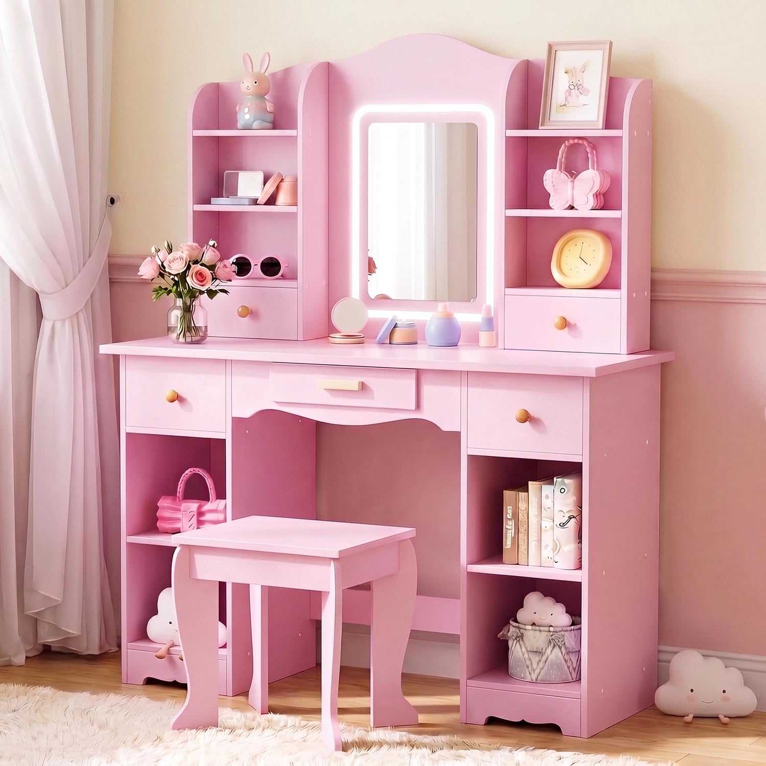 Kids Vanity with 3-Color Light - Dressing Table Vanity With Lighted Mirror ulasan dan harga