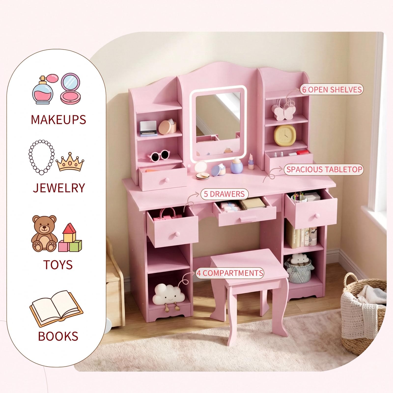 Kids Vanity with 3-Color Light - Dressing Table Vanity With Lighted Mirror ulasan dan harga