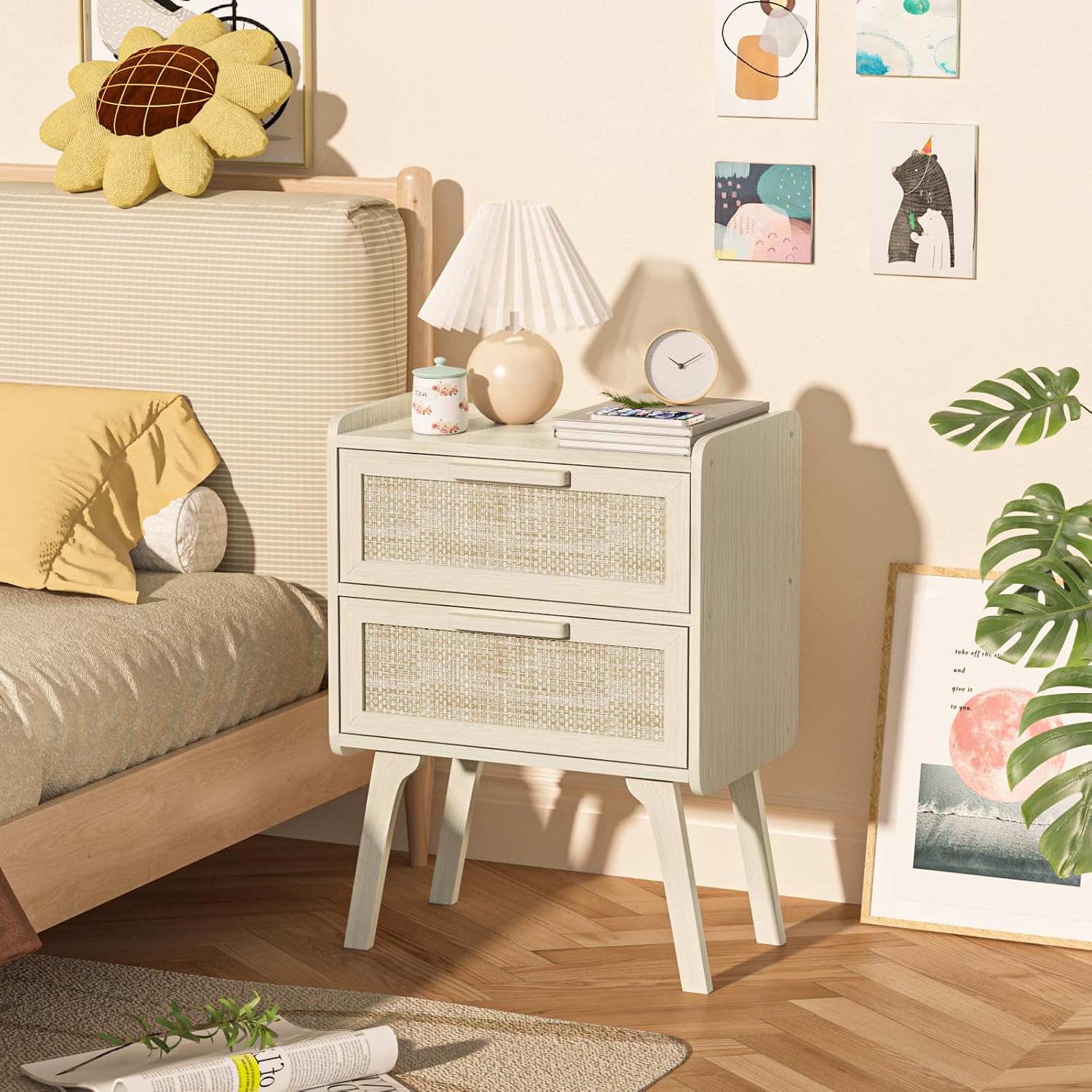 Rattan Nightstand Set of 2, 2  - Solid Wood Nightstand 2 Drawers ulasan dan harga