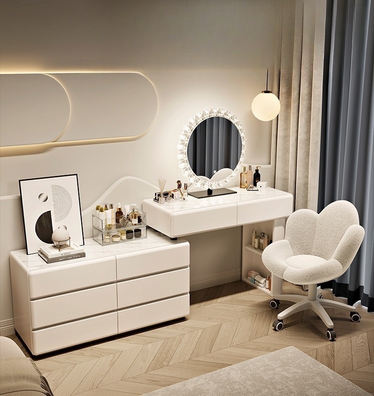 # White Wood Modern European L - Dressing Table Vanity With Lighted Mirror ulasan dan harga
