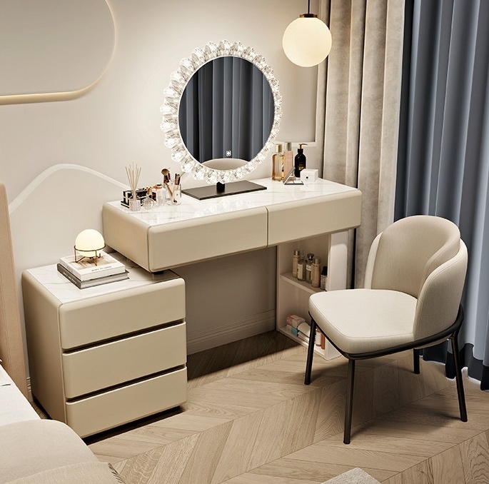 # White Wood Modern European L - Dressing Table Vanity With Lighted Mirror ulasan dan harga