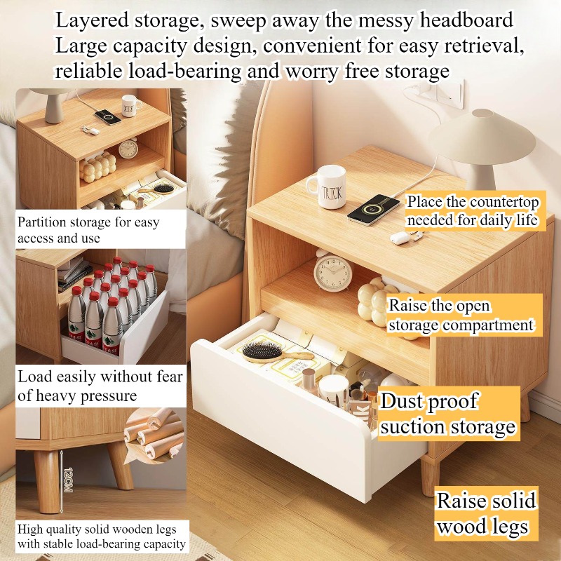 White bedside table Bedroom wi - Solid Wood Nightstand 2 Drawers ulasan dan harga