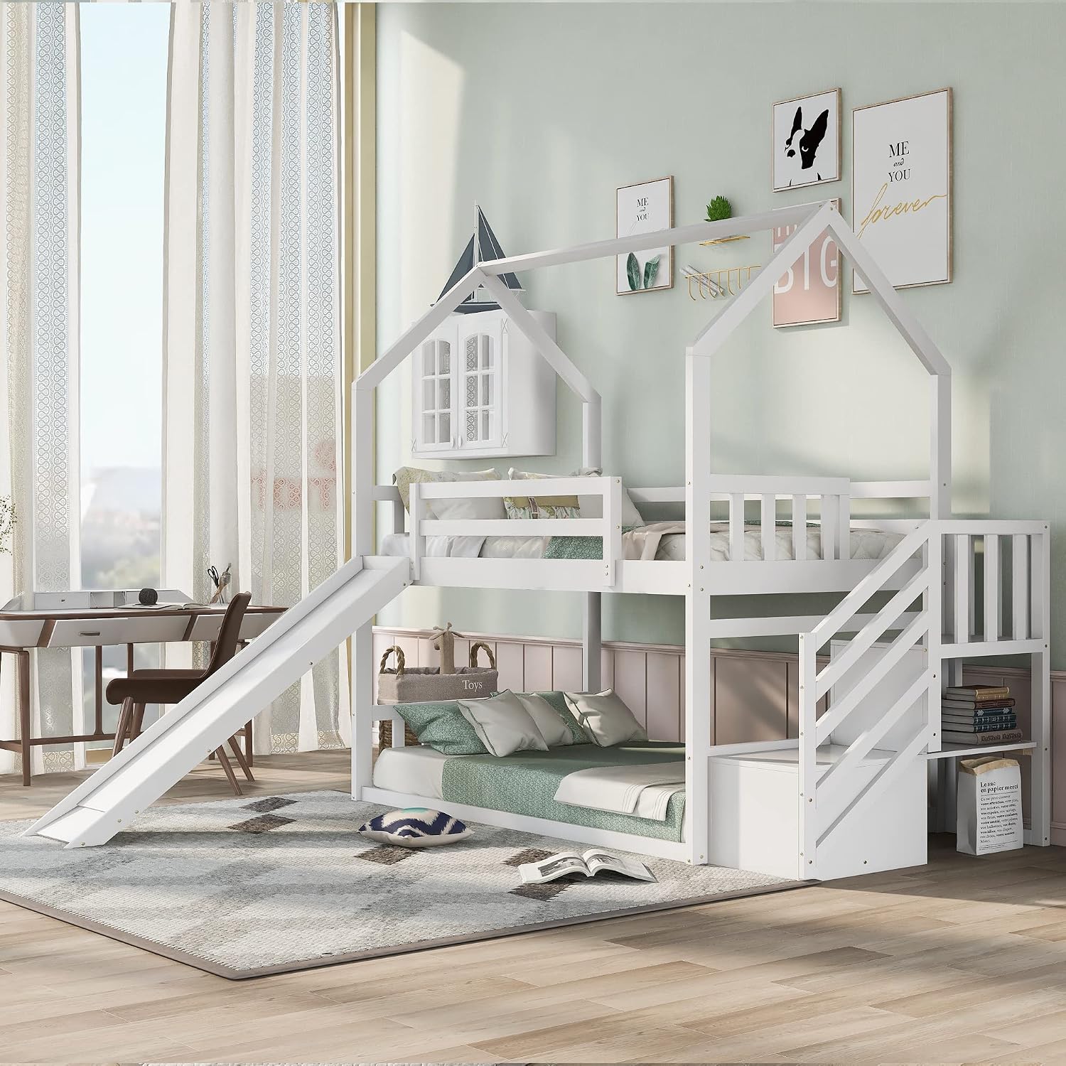 Twin Over Twin Bunk Bed with S - Bunk Bed With Stairs And Slide ulasan dan harga