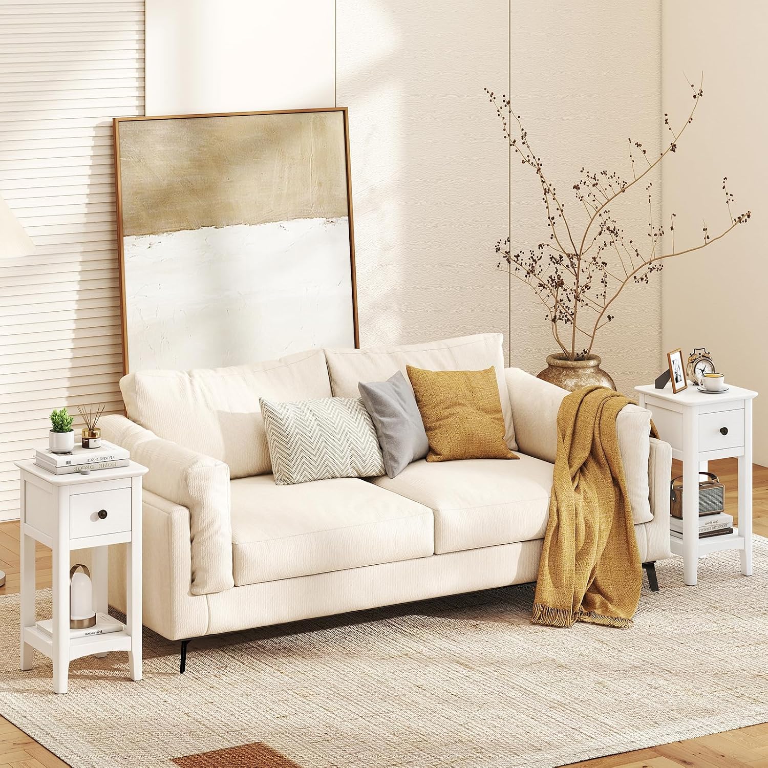 Narrow End Tables with Drawer  - Solid Wood Nightstand 2 Drawers ulasan dan harga