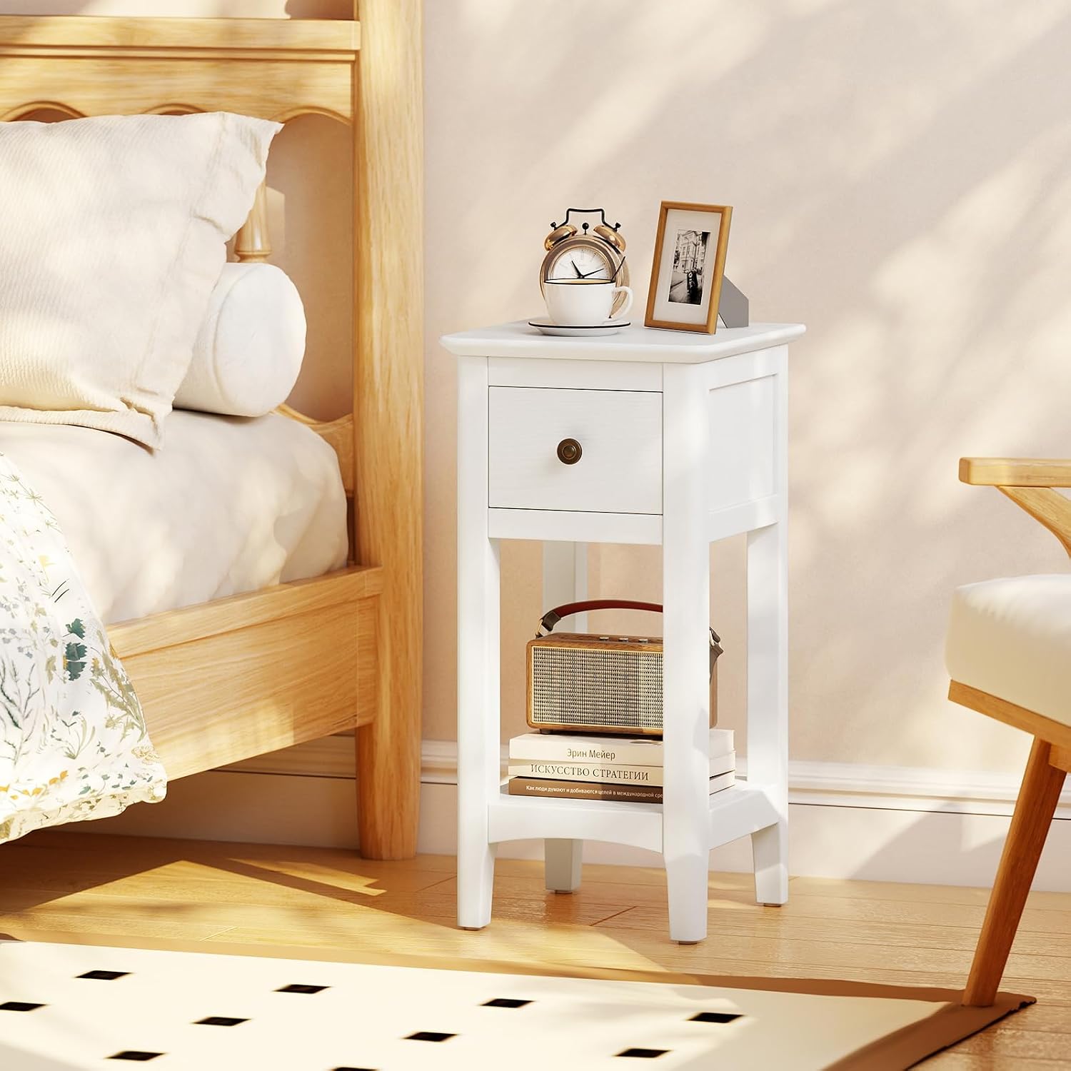 Narrow End Tables with Drawer  - Solid Wood Nightstand 2 Drawers ulasan dan harga