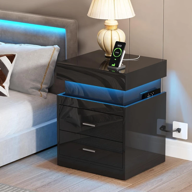 LED Nightstand With Charging S - Solid Wood Nightstand 2 Drawers ulasan dan harga