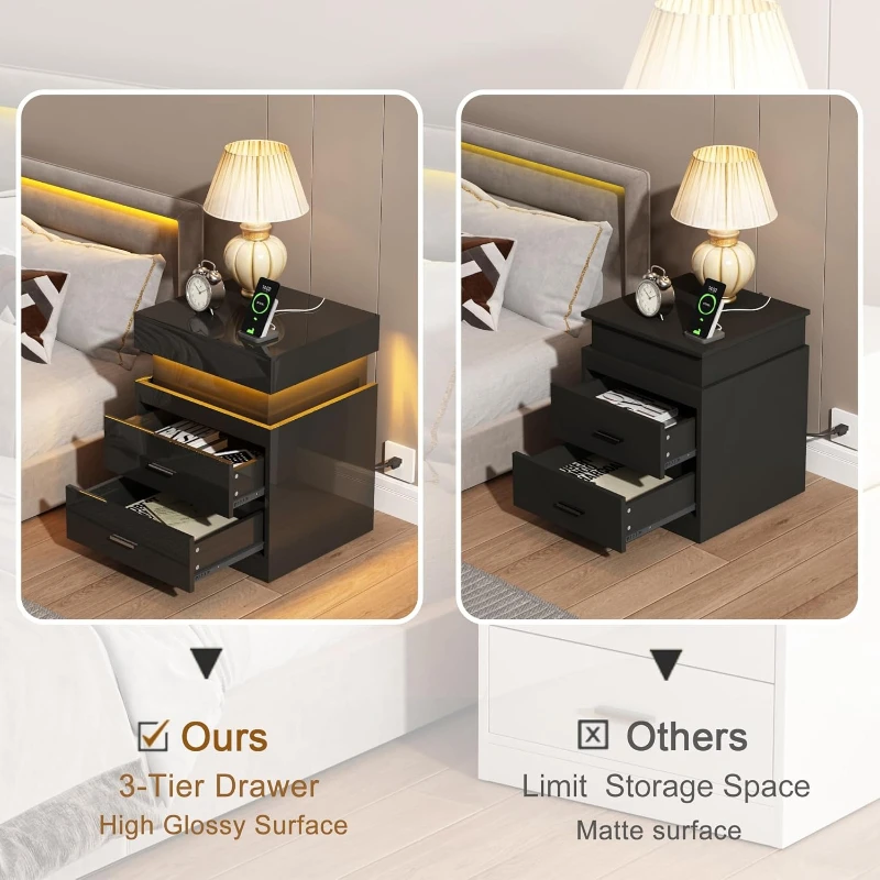 LED Nightstand With Charging S - Solid Wood Nightstand 2 Drawers ulasan dan harga